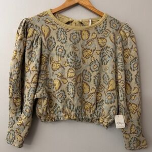 Free People Shirt Womens Medium Floral Jacquard Puff Sleeve Open Back Boho NWT